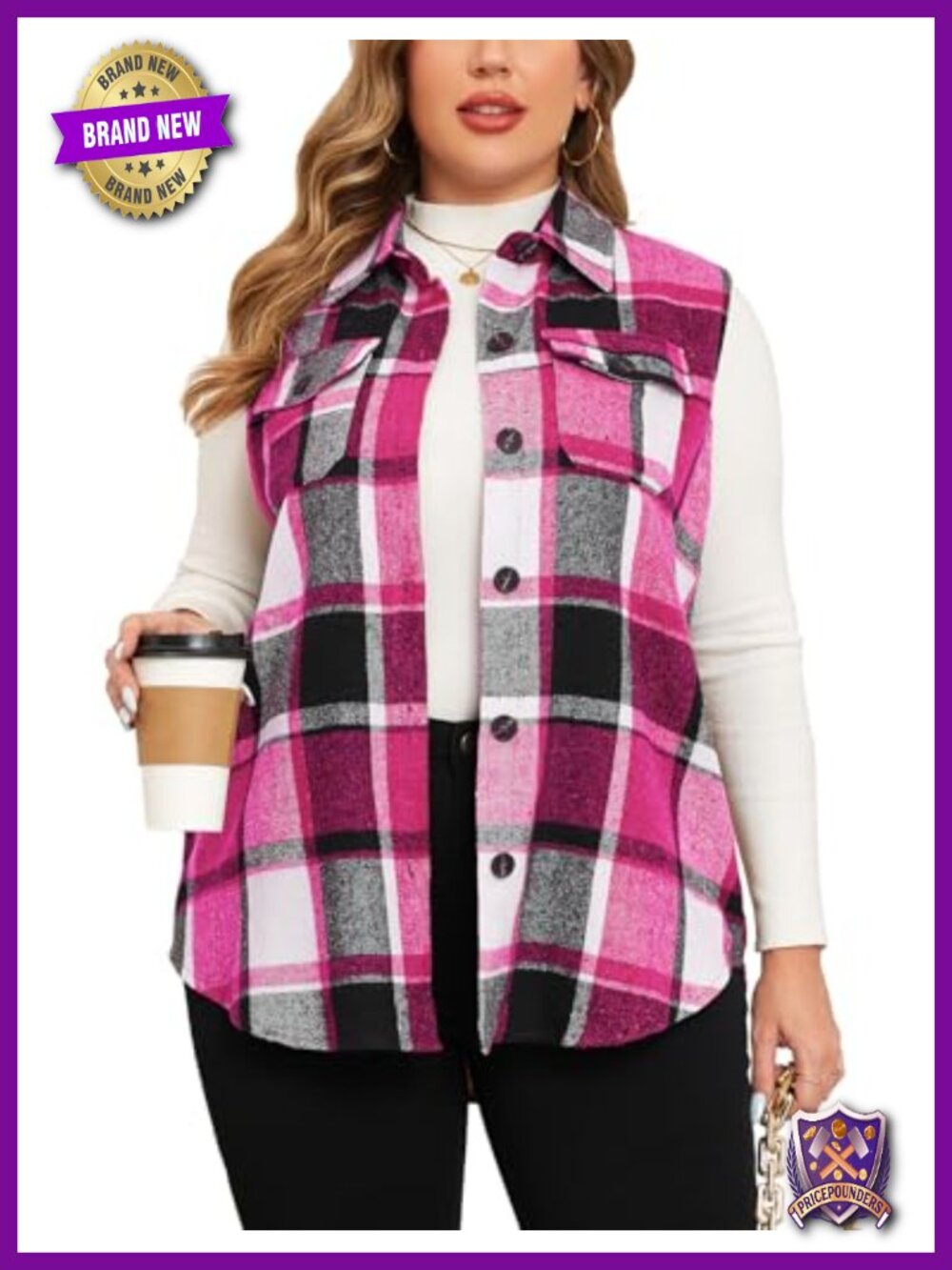 Plus Size Flannel Plaid Long Vest Button Down Sleeveless Shacket Coat